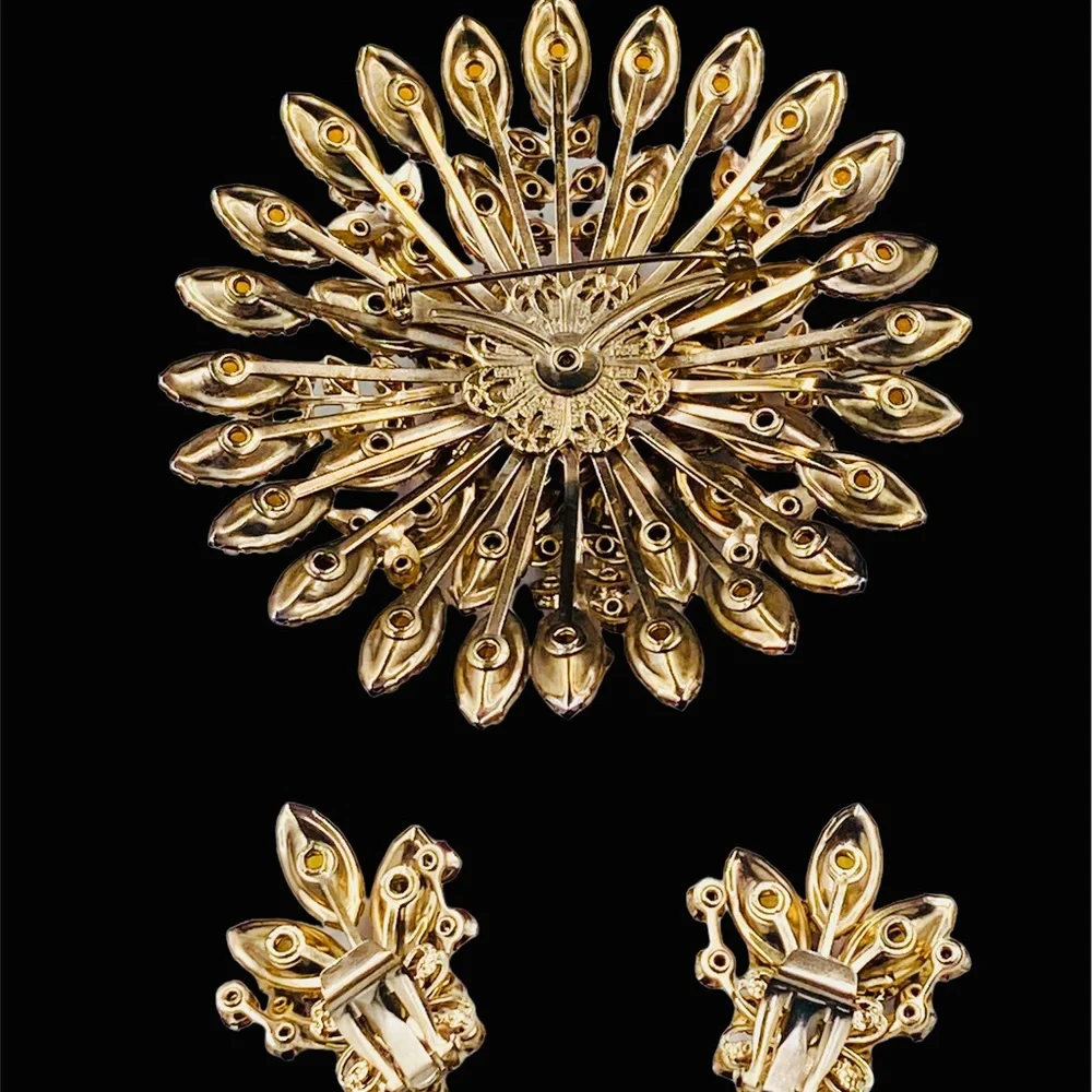 Stunning Huge Vintage Topaz and AB Rhinestone Brooch Earring Set